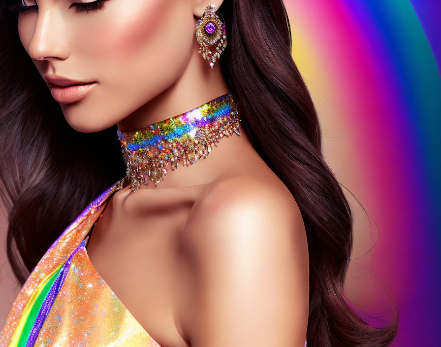 Colorful Glamour: Woman in Vibrant Jewelry and Garments