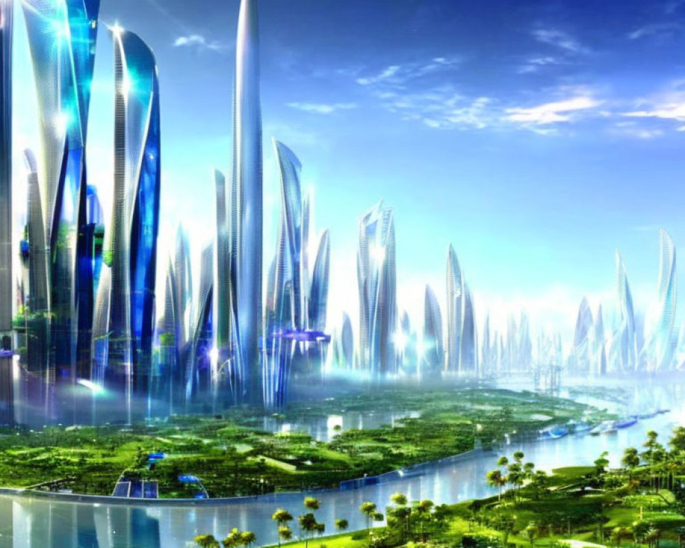 Futuristic cityscape with skyscrapers, green areas, and reflective river