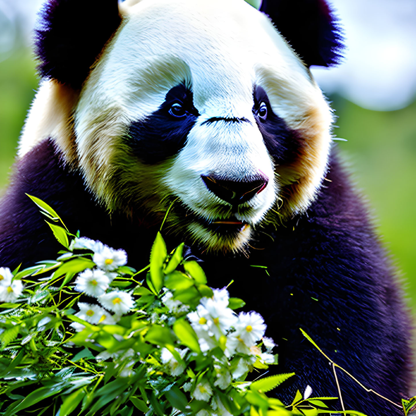 Close-up of panda with expressive face in lush greenery and white flowers