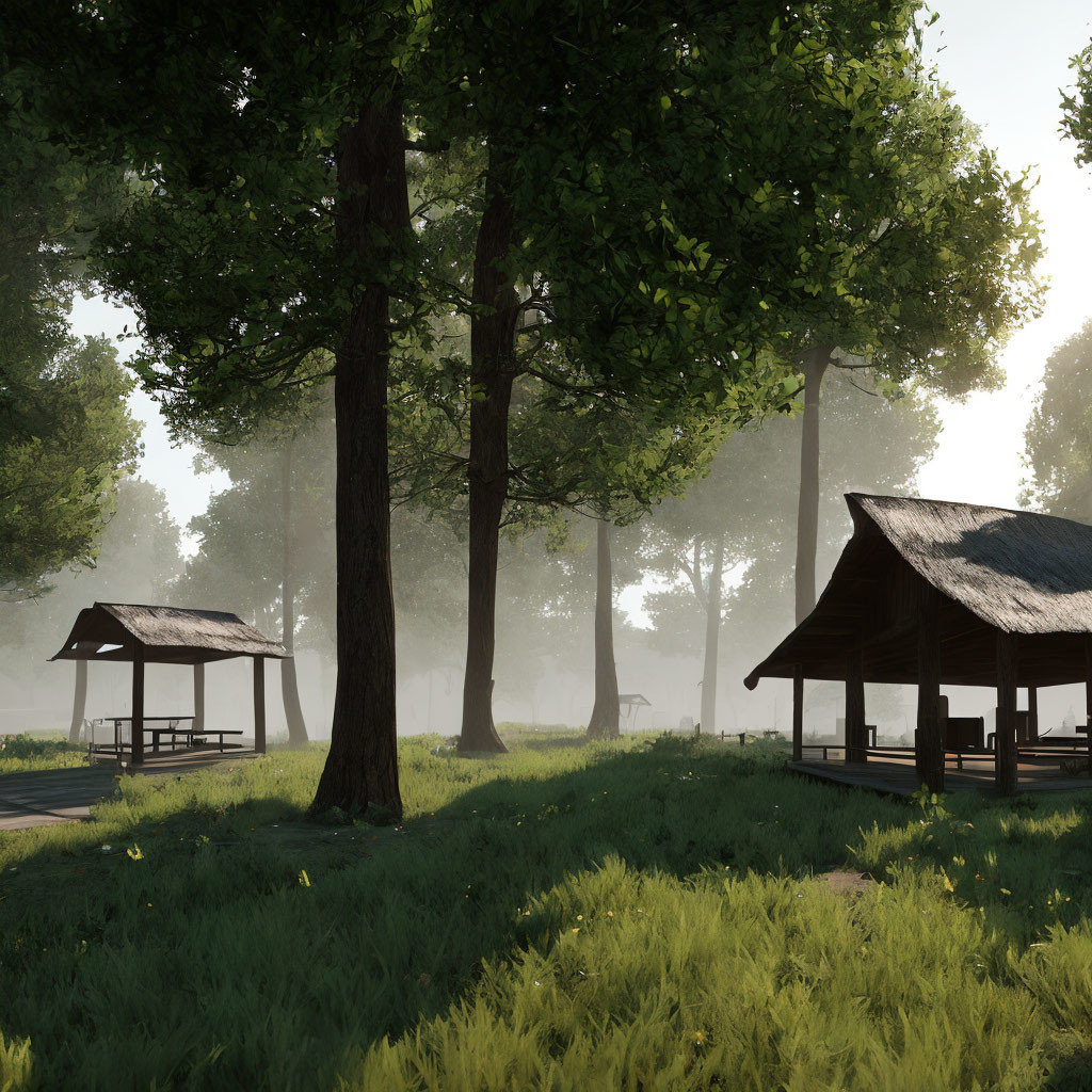 Serene forest clearing with thatched-roof pavilions and morning mist.