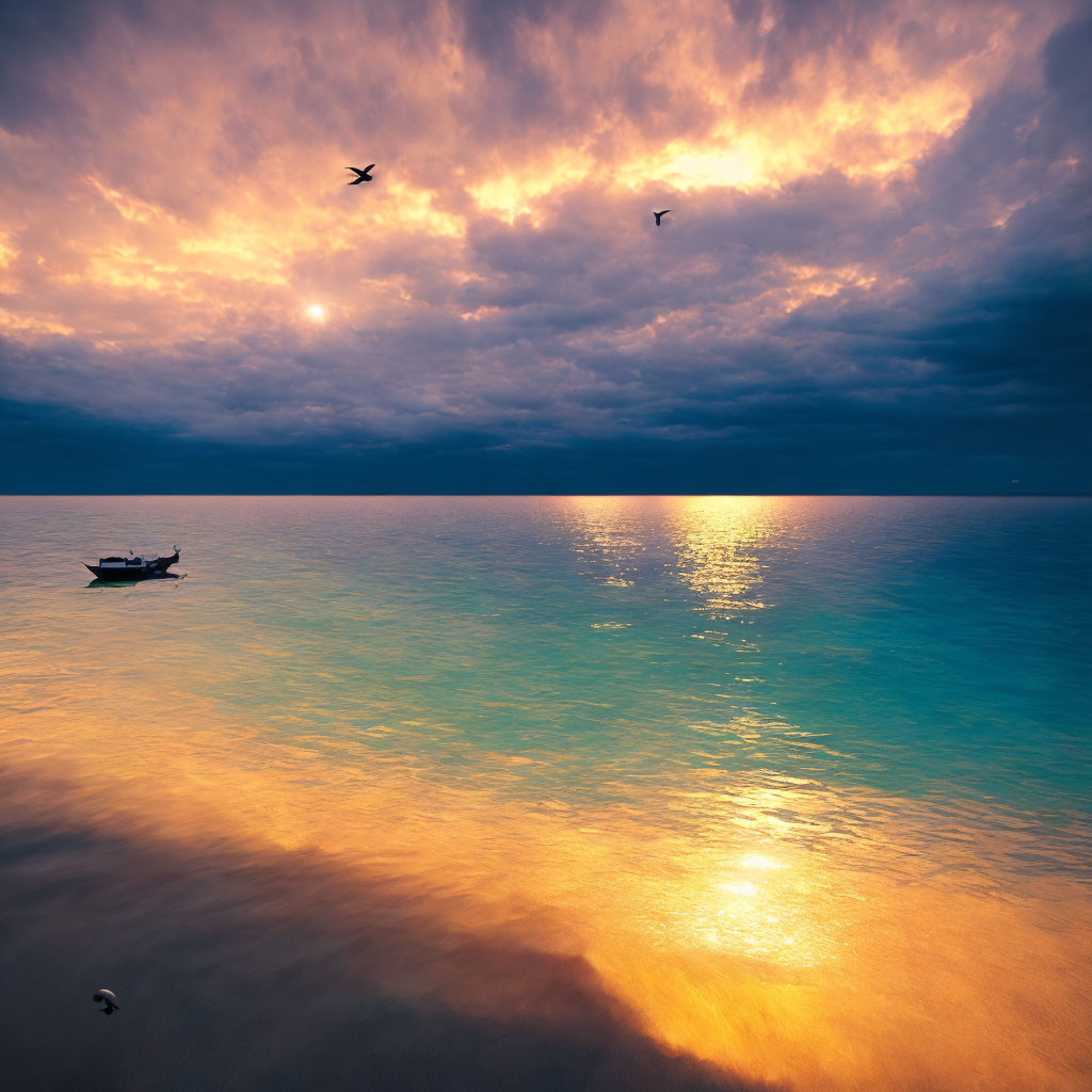 Tranquil sunset seascape with boat, orange clouds, and birds in dramatic sky