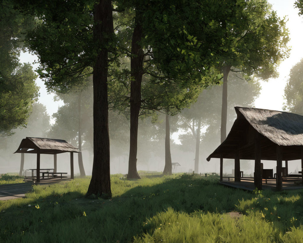 Serene forest clearing with thatched-roof pavilions and morning mist.