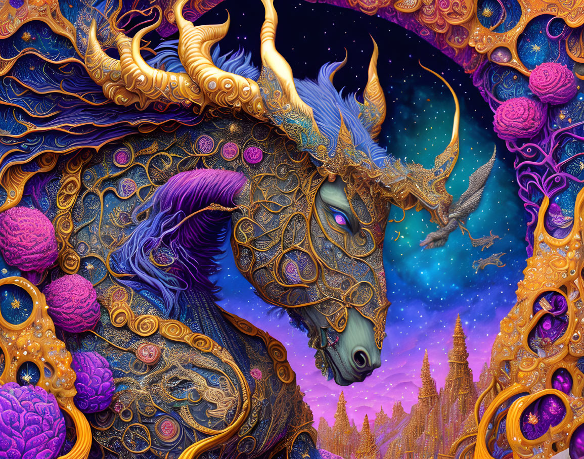 Fantastical dragon in golden armor in cosmic space with galaxies and eagle