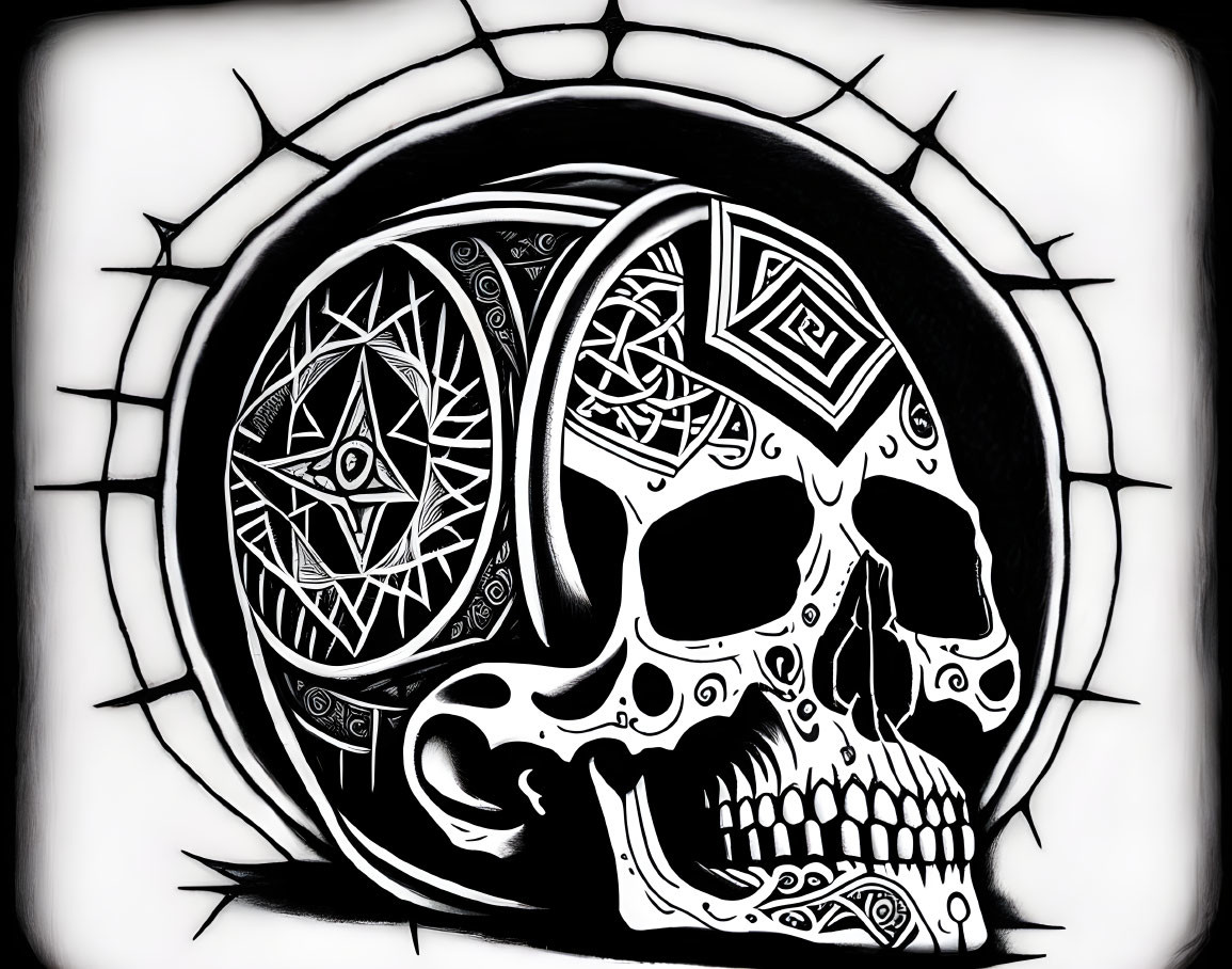 Monochrome skull with pentacle emblem on forehead in intricate circular setting