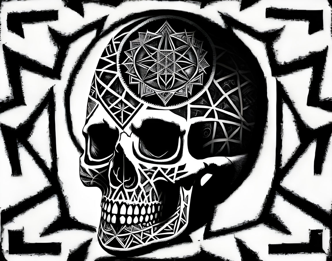 Monochrome skull art with geometric patterns and mandala on abstract background