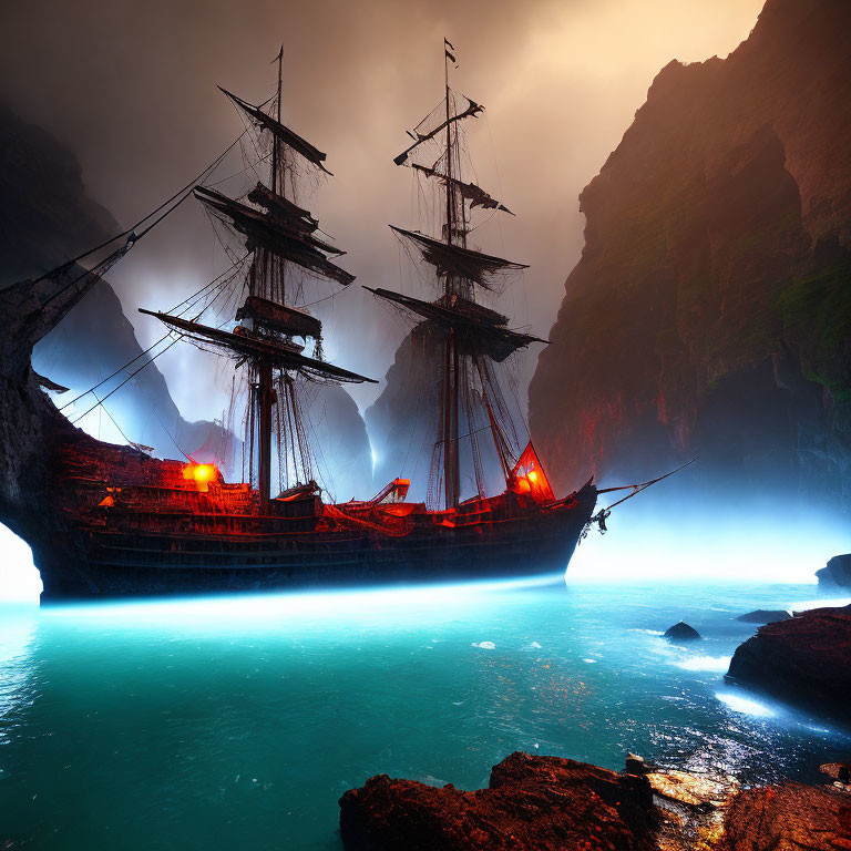 Eerie-lit old sailing ship in misty turquoise bay