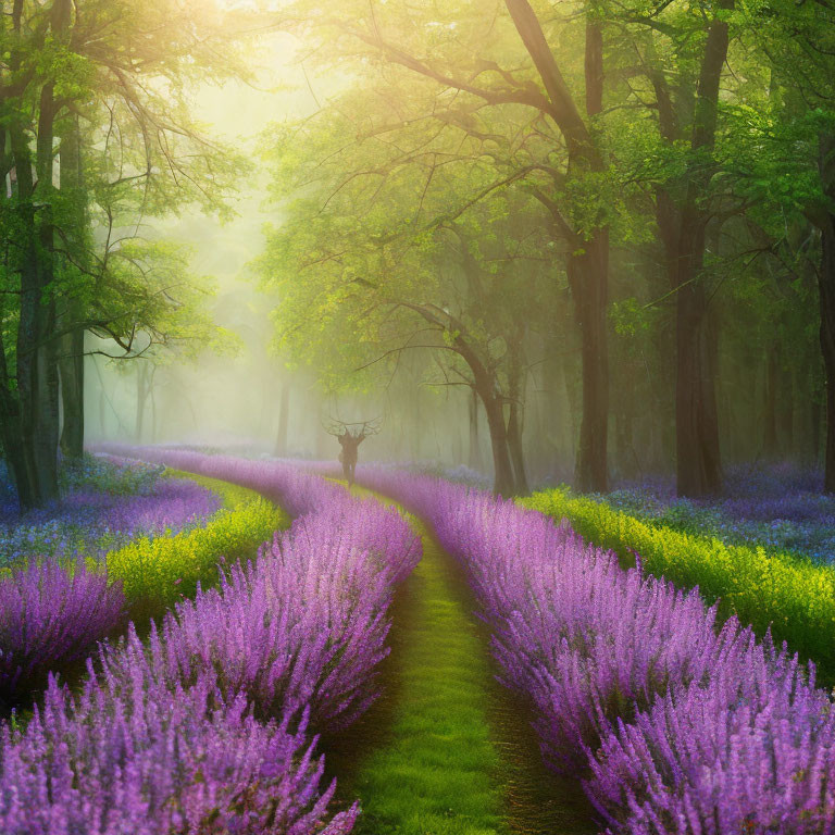 Person with raised arms at end of lavender-lined path in misty forest