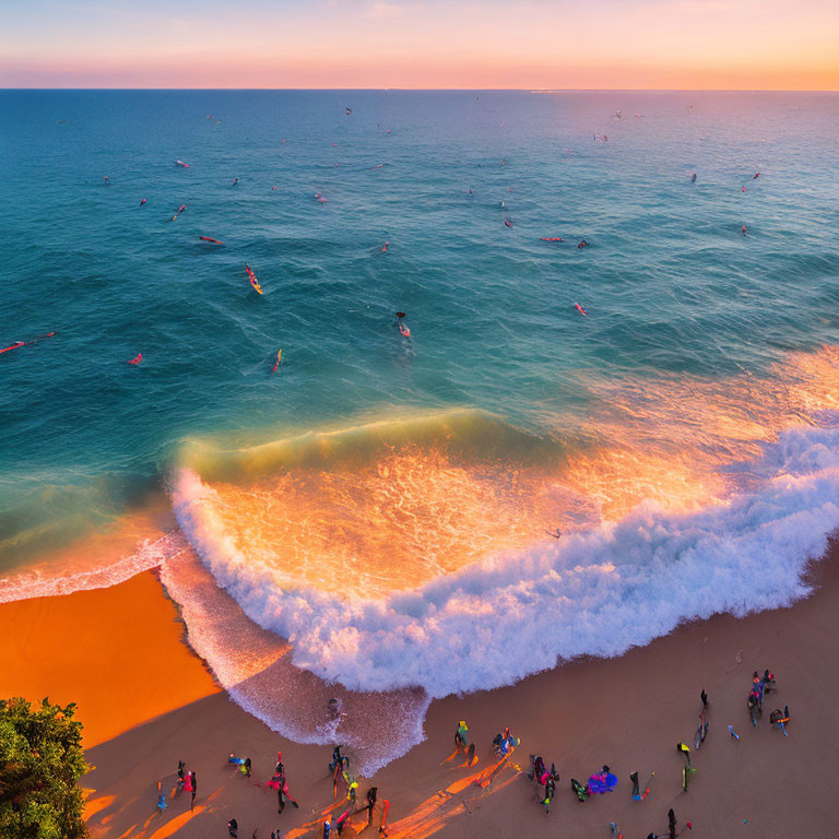 Vibrant Beach Scene with People, Surfers, and Sunset Wave