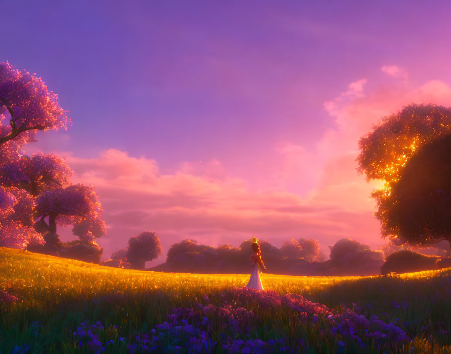 Silhouette of person in vibrant meadow with glowing trees under purple sky