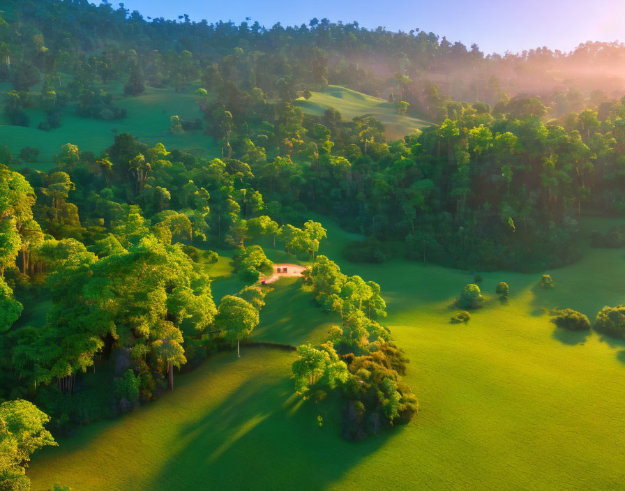 Lush Green Landscape at Sunrise with Solitary House