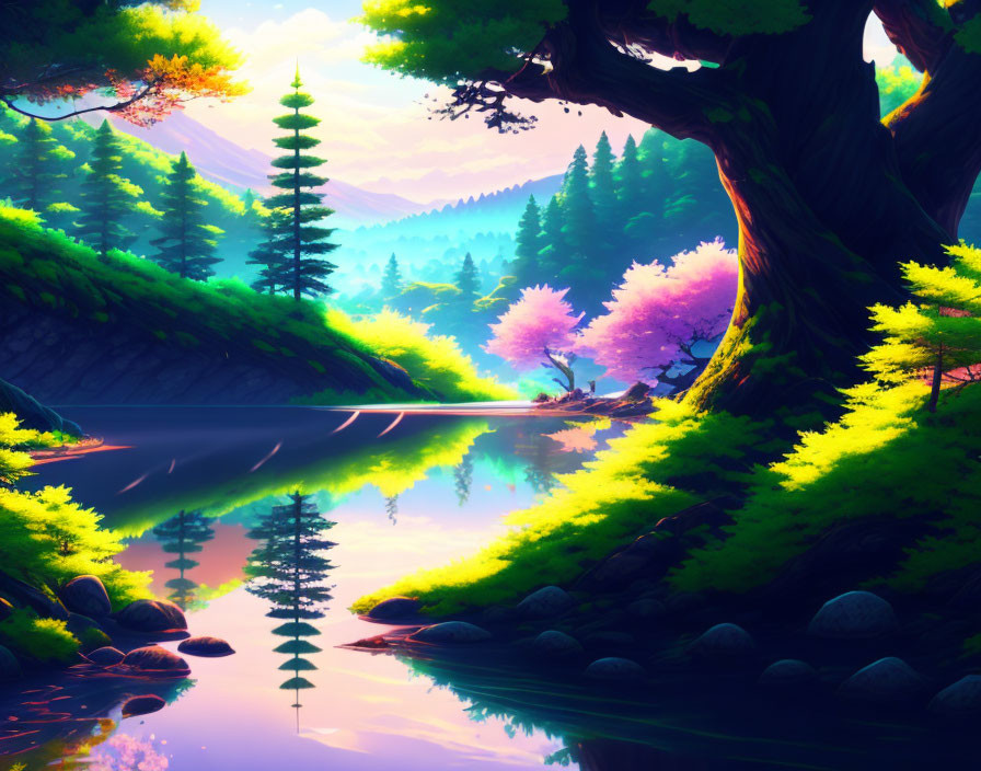 Colorful Landscape with Reflective River and Lush Trees under Purple Sky