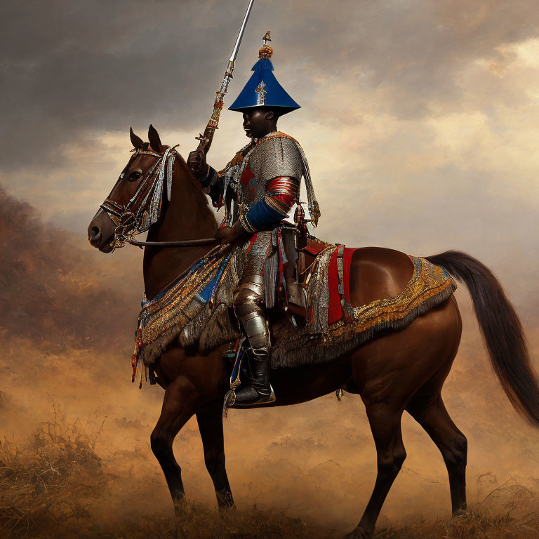 Knight in ornate armor on brown horse with long spear under cloudy sky