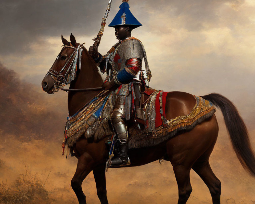 Knight in ornate armor on brown horse with long spear under cloudy sky