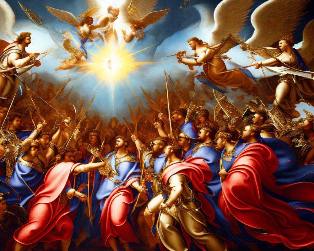 Celestial beings and warriors in divine battle under radiant light