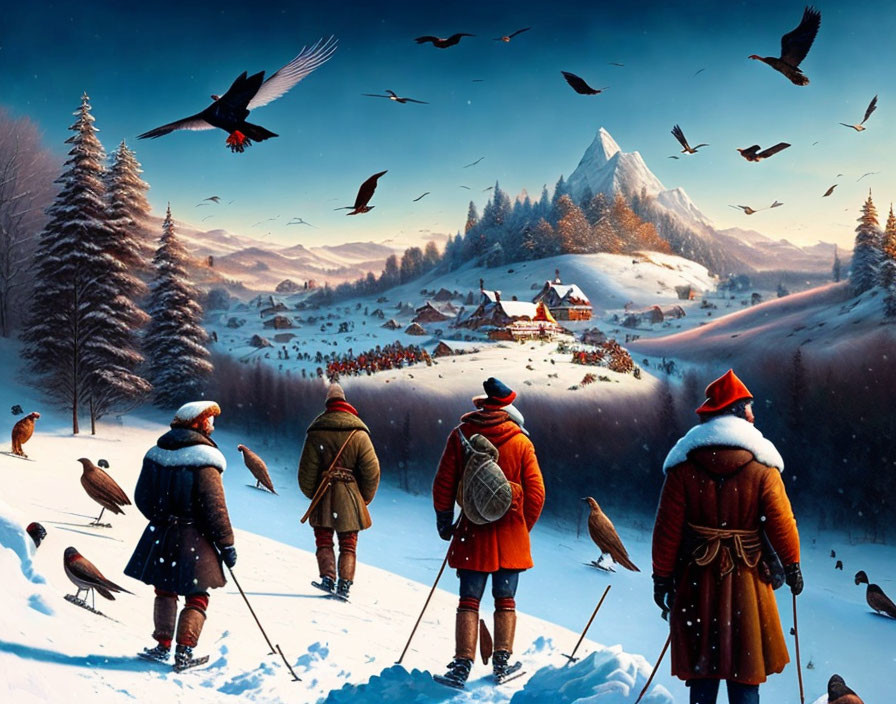 Snowy winter landscape with people, birds, village, and mountain under twilight sky