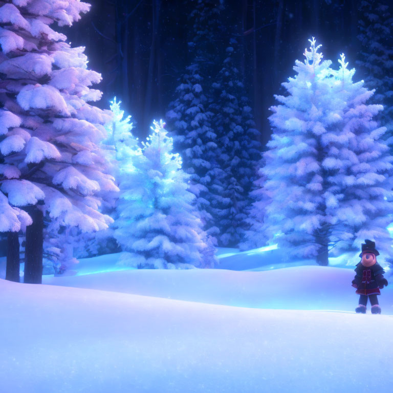 Figure in warm clothing in snowy forest at night with glowing pine trees