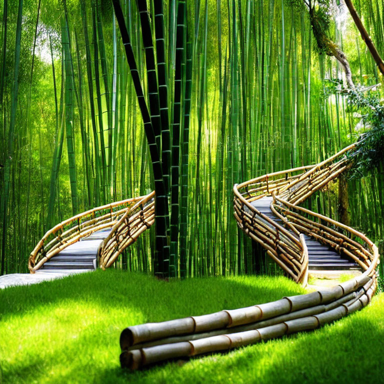 Tranquil Bamboo Forest with Wooden Pathway