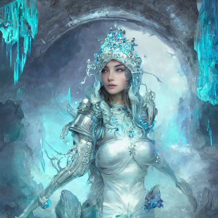 Female warrior in silver armor with blue-accented helmet in icy cave setting