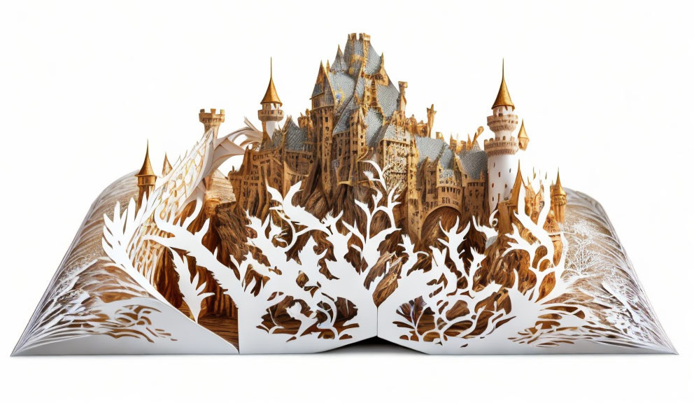 Detailed 3D castle surrounded by forest in pop-up book