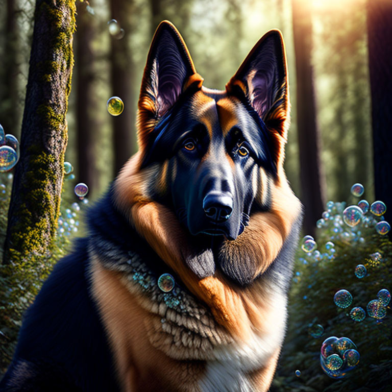 German Shepherd Dog Surrounded by Bubbles in Forest With Sunlight