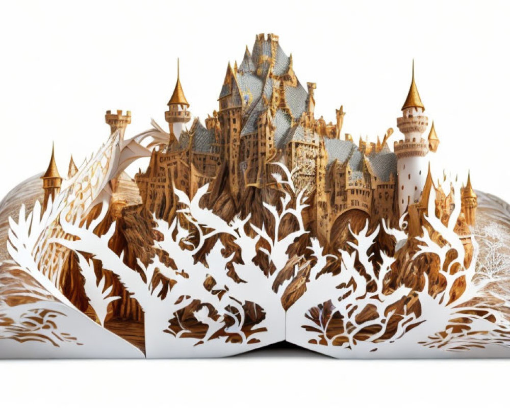 Detailed 3D castle surrounded by forest in pop-up book