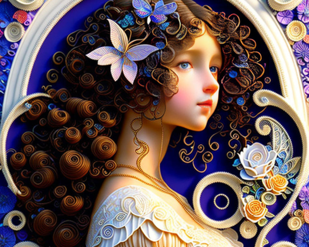 Digital artwork featuring woman with ornate hair and butterflies on blue background.