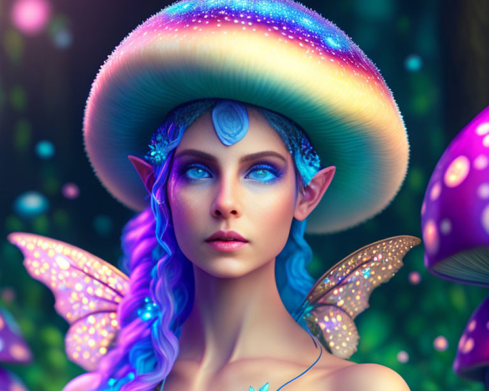 Fantasy portrait of female character with blue skin and radiant attire in magical setting