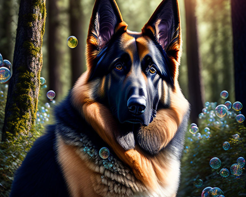 German Shepherd Dog Surrounded by Bubbles in Forest With Sunlight