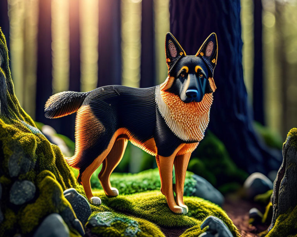 Colorful Stylized Dog in Sunlit Forest with Moss-Covered Rocks