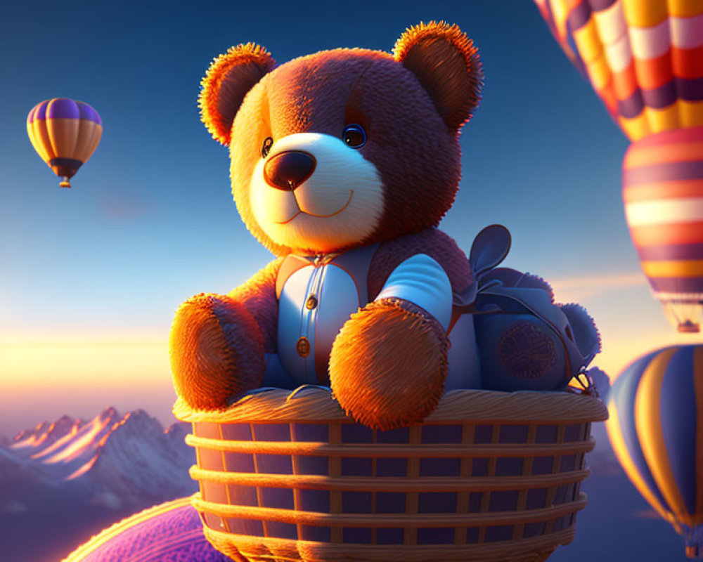 Teddy bear in hot air balloon over mountain sunset