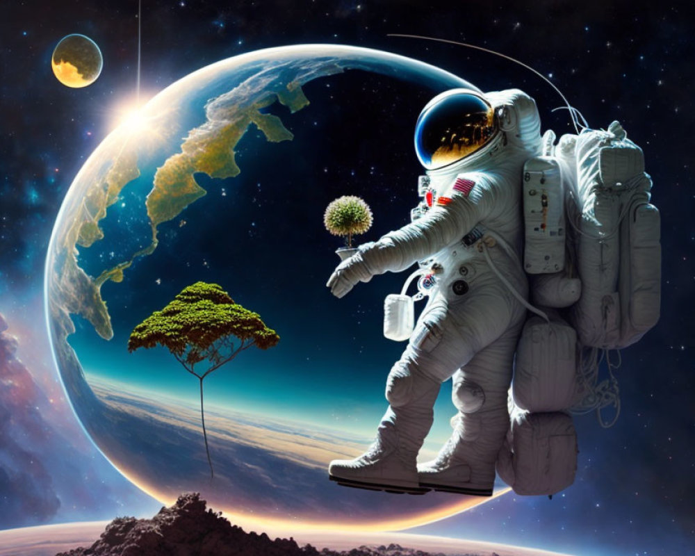 Astronaut in white spacesuit with dandelion in space scenery