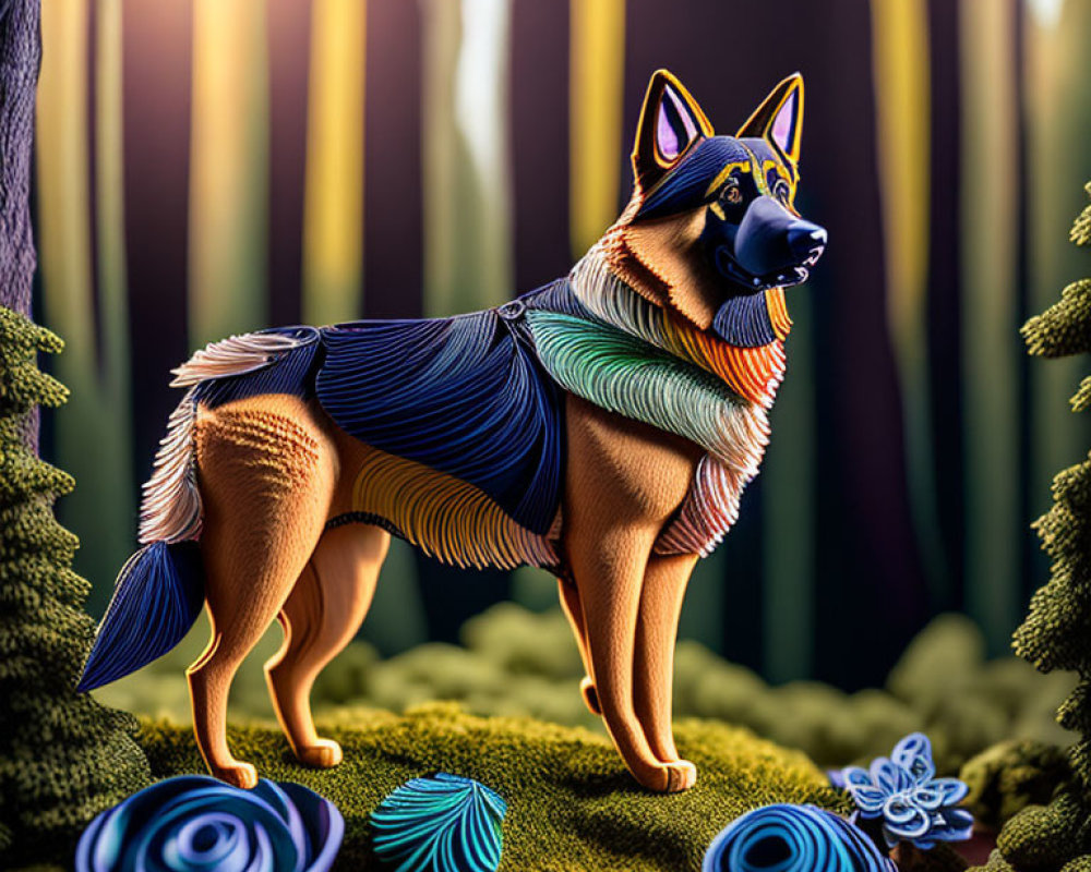 Colorful Dog Illustration in Enchanted Forest Scene