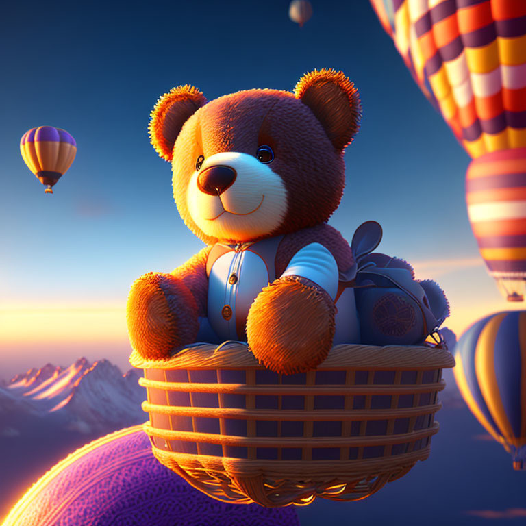 Teddy bear in hot air balloon over mountain sunset