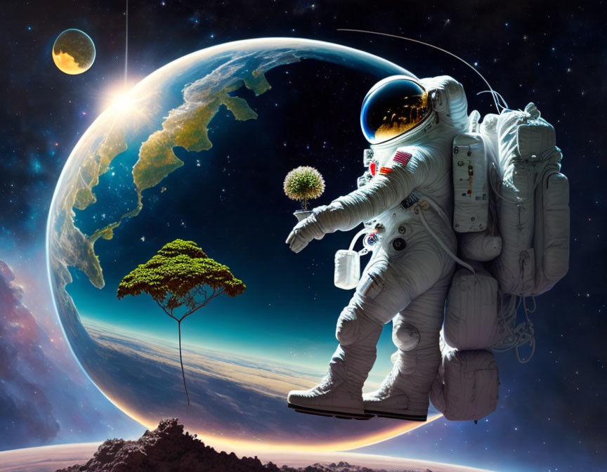 Astronaut in white spacesuit with dandelion in space scenery