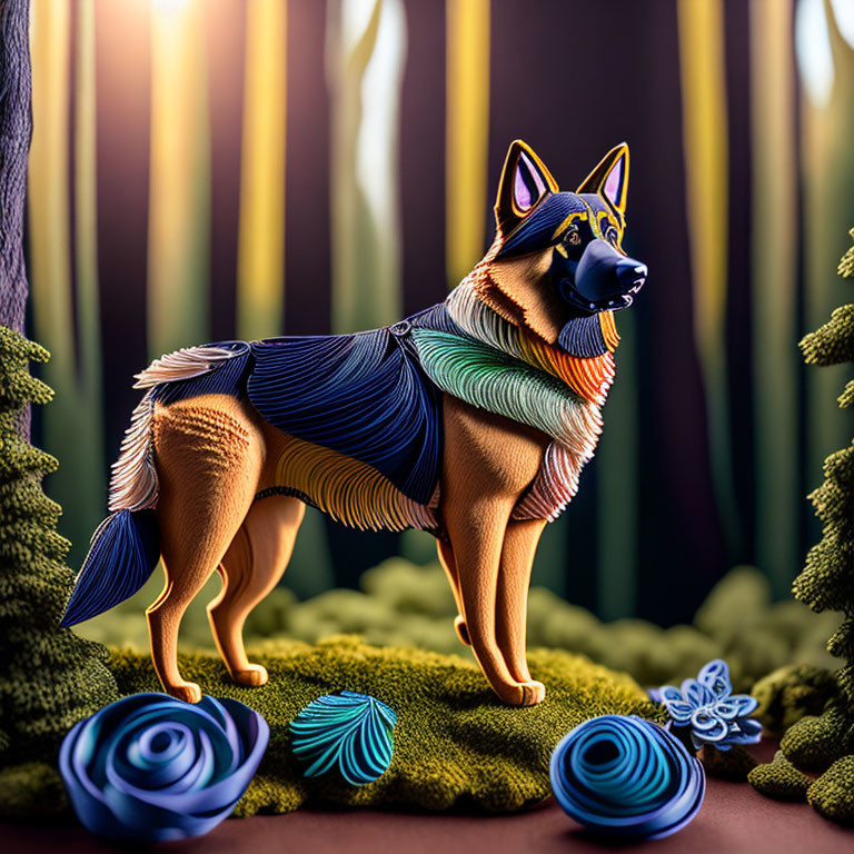 Colorful Dog Illustration in Enchanted Forest Scene