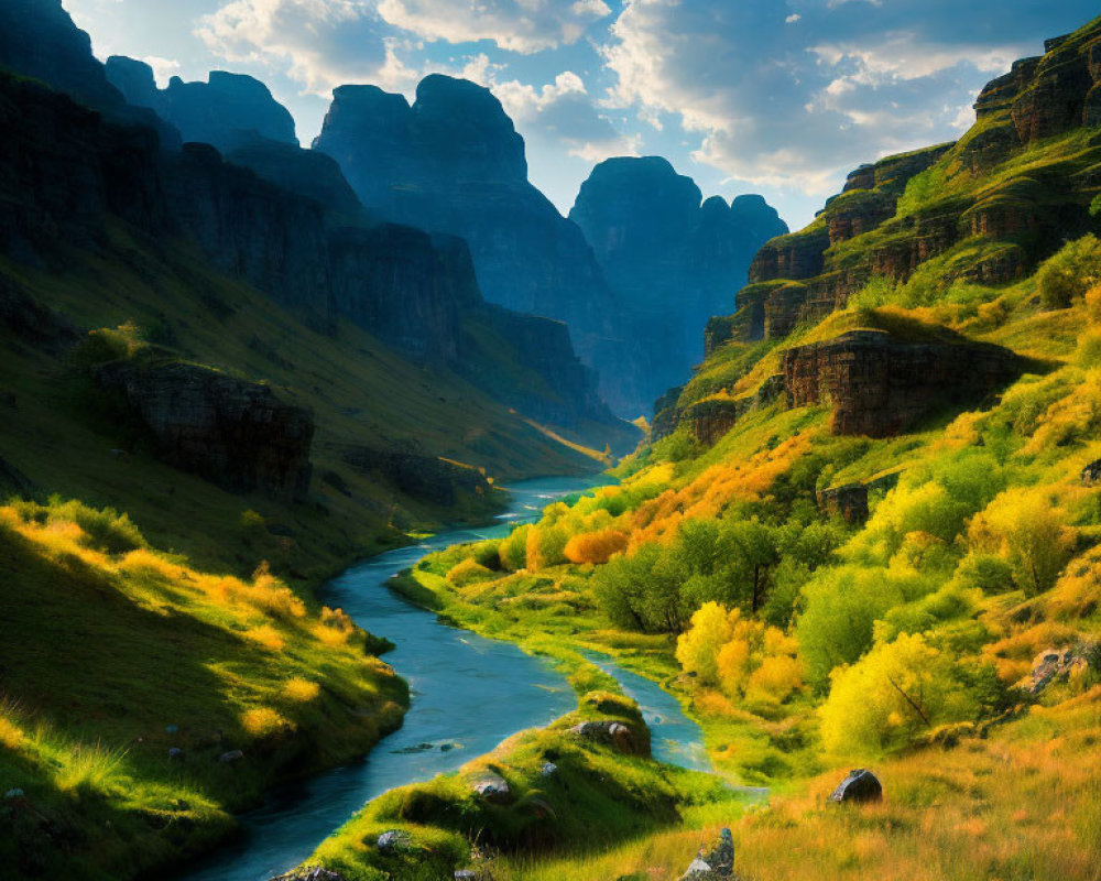 Scenic winding river in verdant valley with steep cliffs