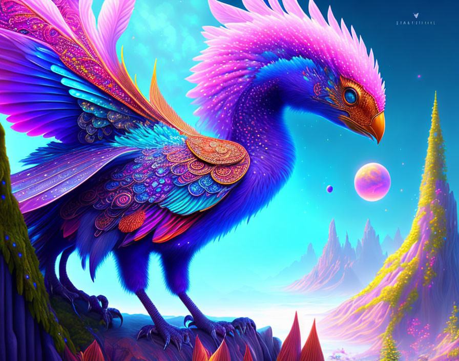 Colorful illustration of fantastical bird in whimsical landscape