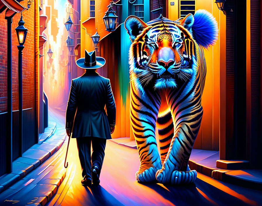 Man in Hat Walking with Vibrant Tiger in Urban Alley