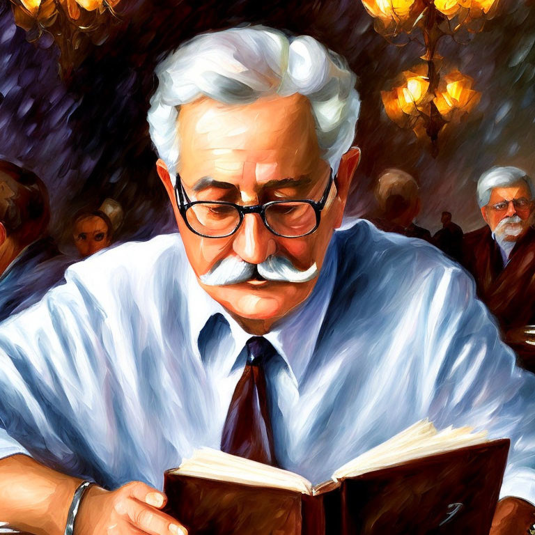 Elder Man with White Hair and Mustache Reading Book in Warm Room