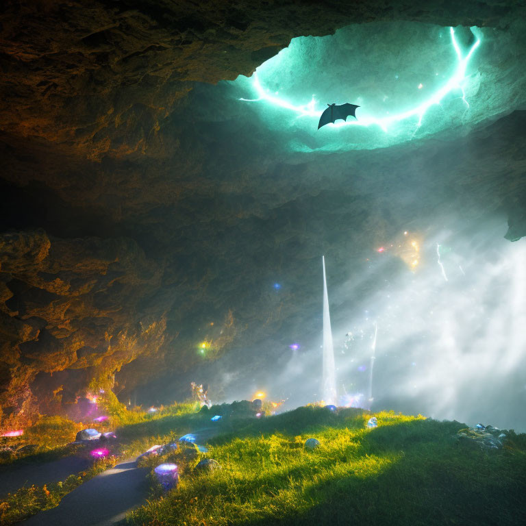 Bioluminescent Cave with Bat Silhouette, Colorful Flora, and Light Beams