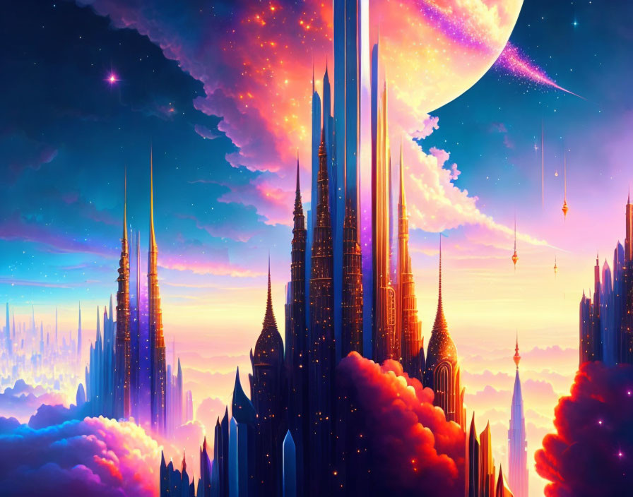 Vibrant cosmic cityscape with towering spires under starry sky