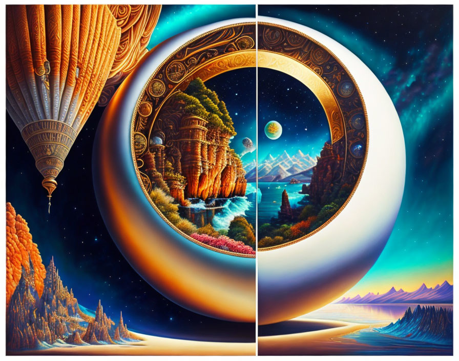 Surreal diptych landscapes with circular frames and hot air balloon, cliffs, waterfalls,