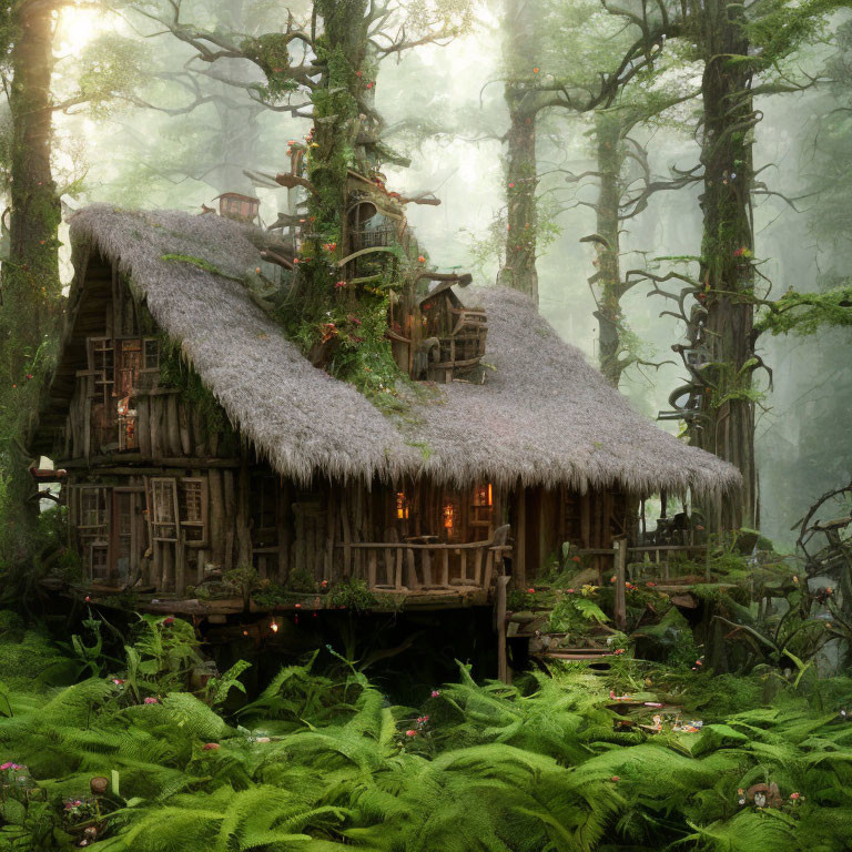 Cozy Thatched Cottage in Misty Forest Glowing with Warm Lights