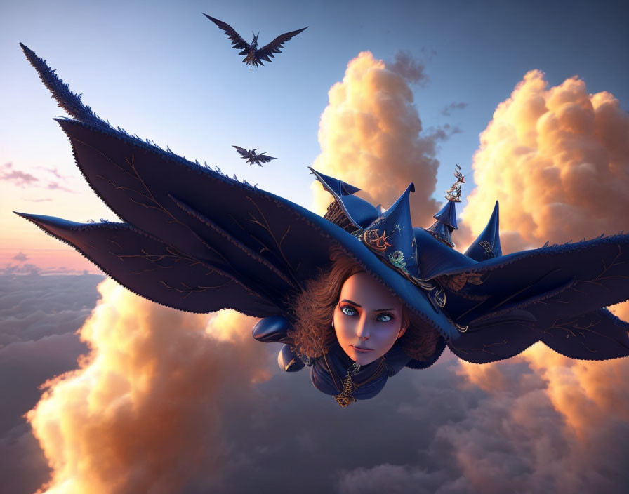 Woman with Large Ornate Wings Gliding Above Clouds at Sunset