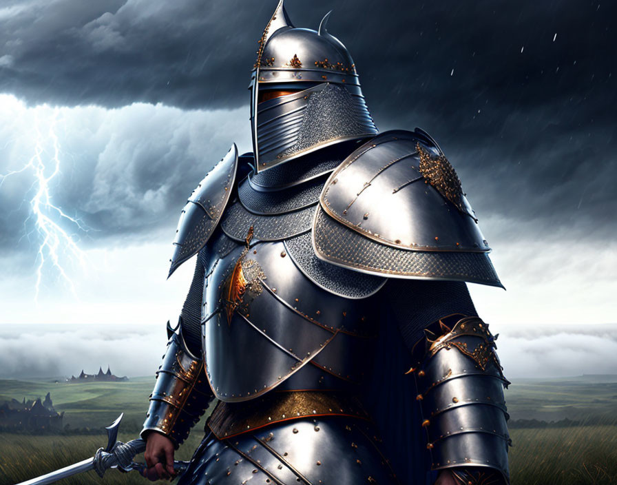 Knight in ornate armor in stormy field with lightning, holding sword