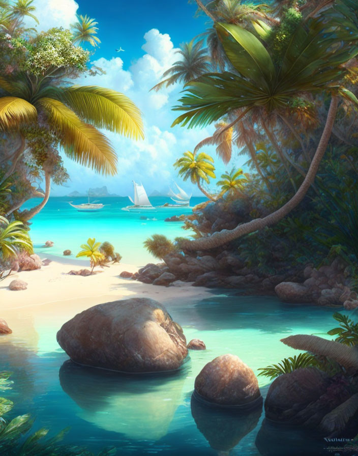 Tranquil tropical beach scene with palm trees, clear blue water, rocks, and sailboats.