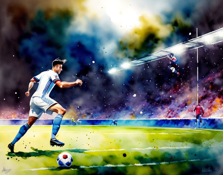 Soccer match watercolor painting with player kicking ball and header by goal