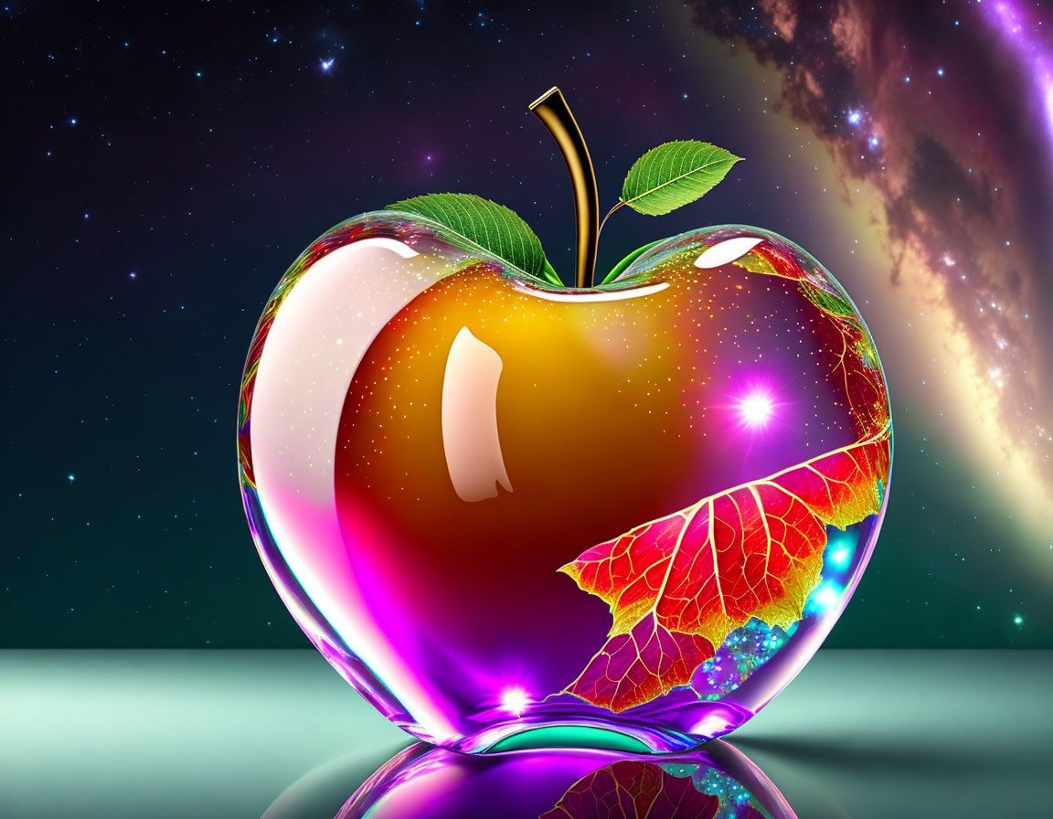 Vibrant red apple on cosmic background with stars and nebulas