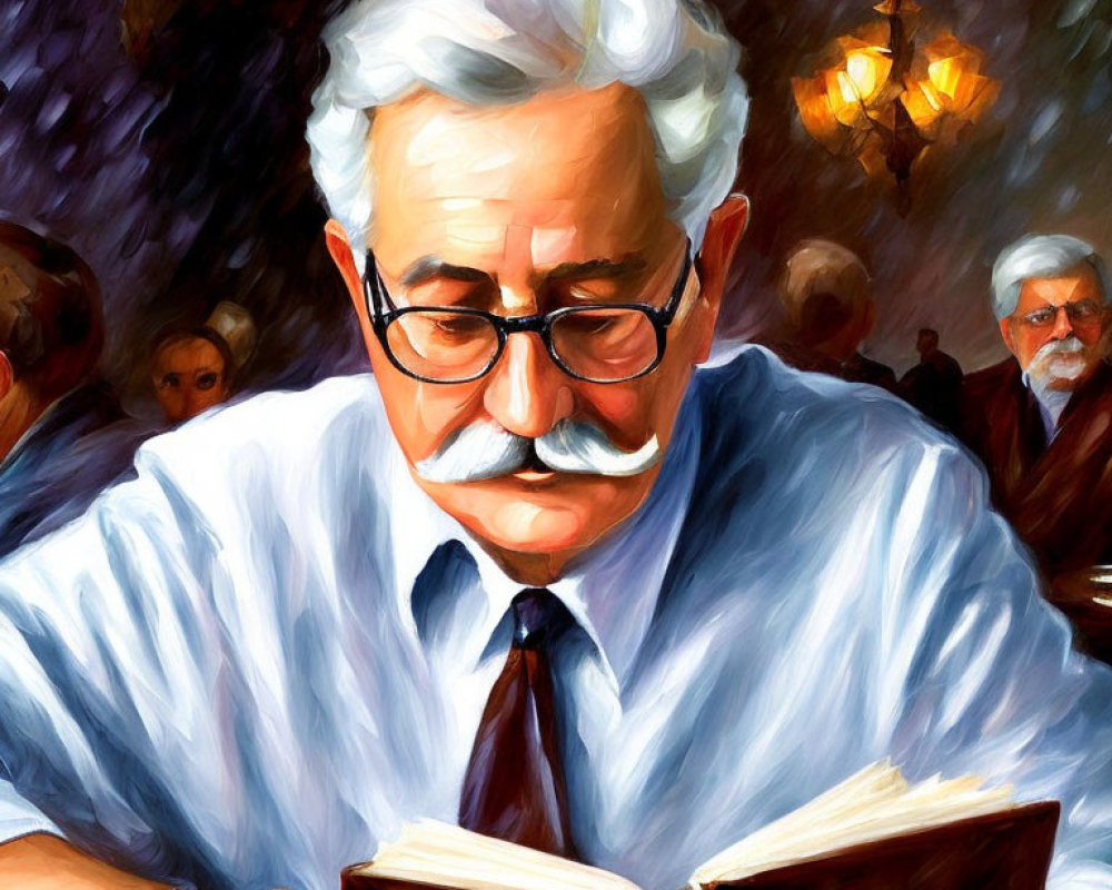 Elder Man with White Hair and Mustache Reading Book in Warm Room