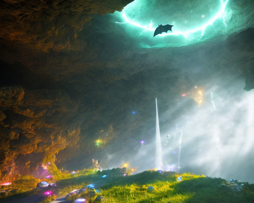 Bioluminescent Cave with Bat Silhouette, Colorful Flora, and Light Beams